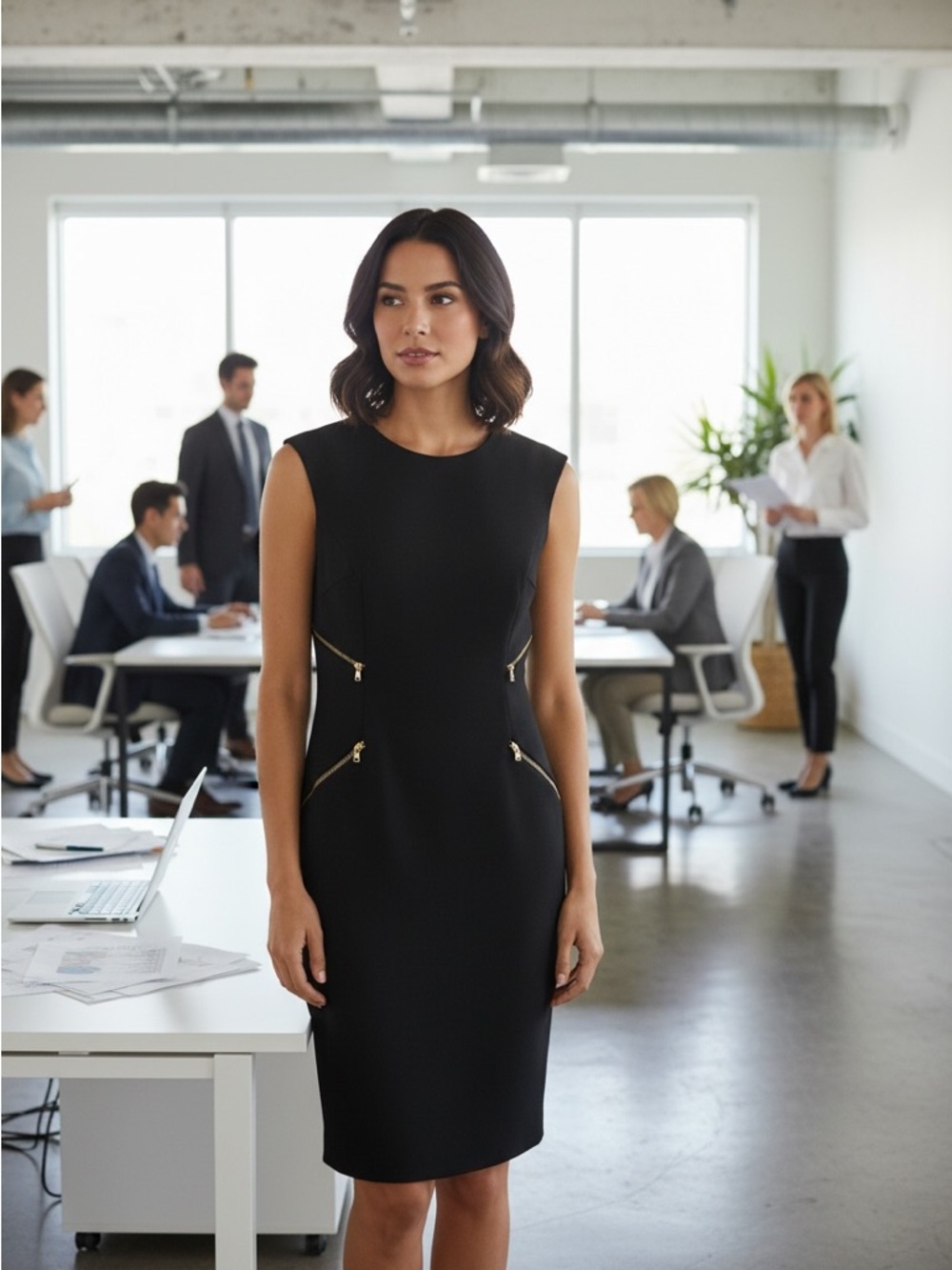 RL - Classic Navy Blue Sheath Dress with Gold Zip Details S8 - Ms. Zip It!